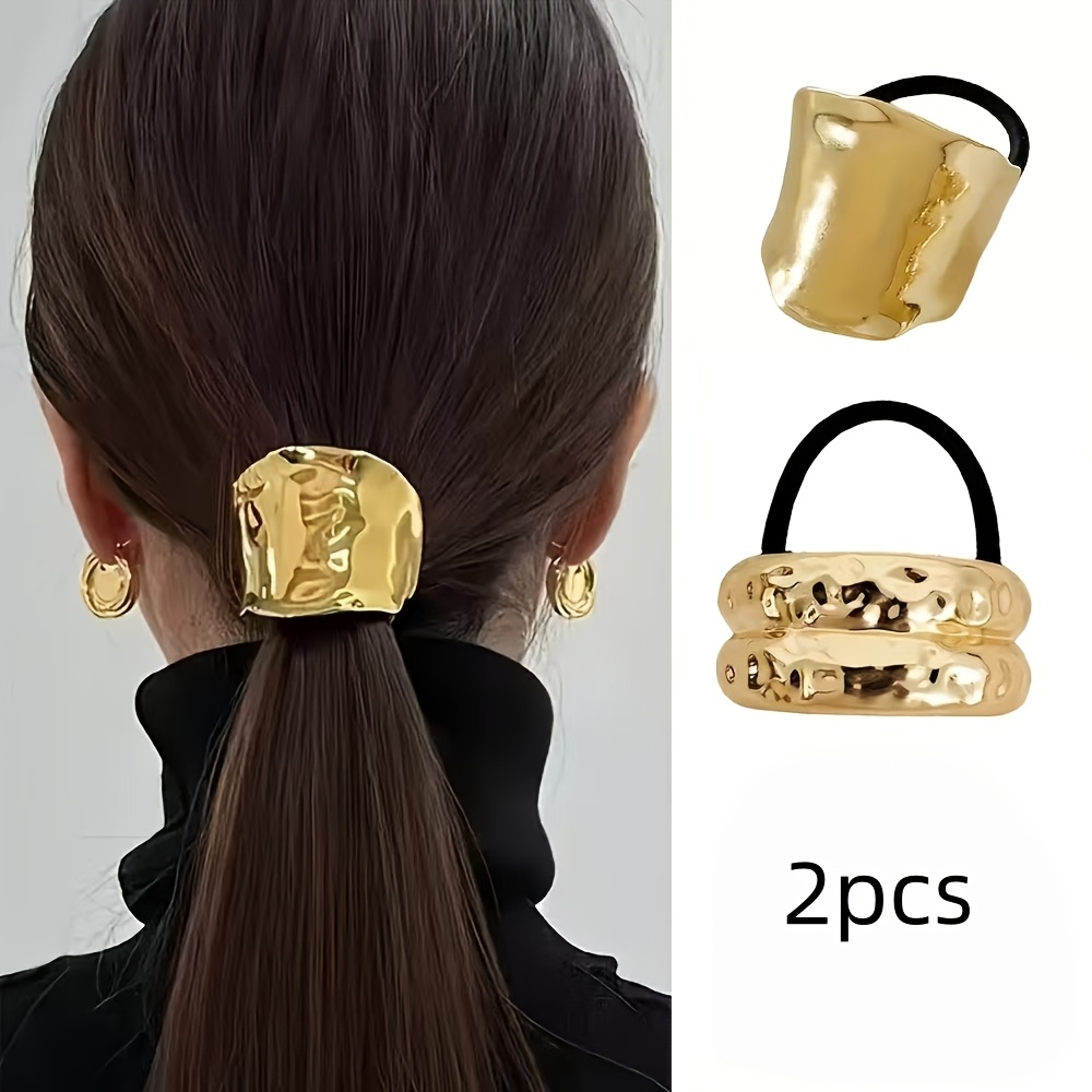 TEMU 2pcs European And Geometric Pattern Fashion Hair Ties, Women's Elegant Alloy Seamless Hair Ropes, Ponytail Holders, Hair Clips, Hair Accessories