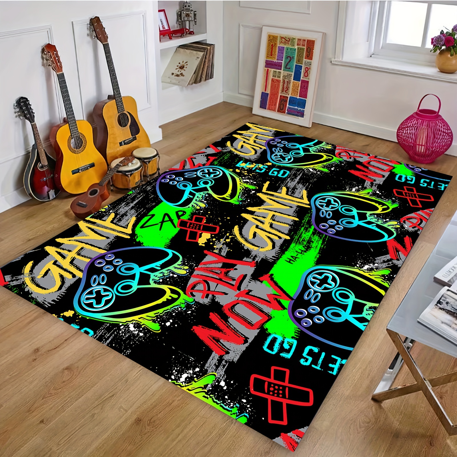 

Black Bottom Gamer Theme Colorful Lines Rug For Room Non-slip Gaming Rug, Cool Graffiti Gaming Carpet For Bedroom Living Room Game Room Rug Decor