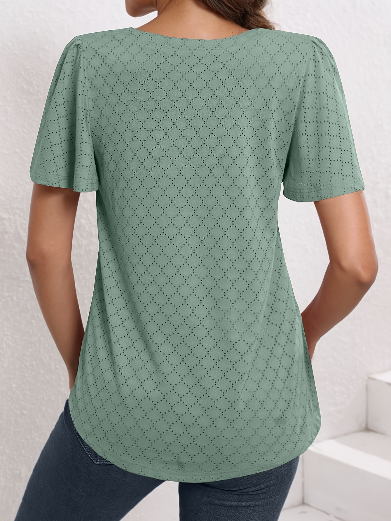 Plus Size Women'S Square Neck Ruffle Sleeve Top - Breathable Eyelet Cut-Out Fabric, Unique Chest Pleat Design, Elegant Fashion for Spring Summer Fall, Formal & Casual Wear, Casual Wear Top | Pleated Detail Top | Stretchy Fabric Top, Ladies T Shirts