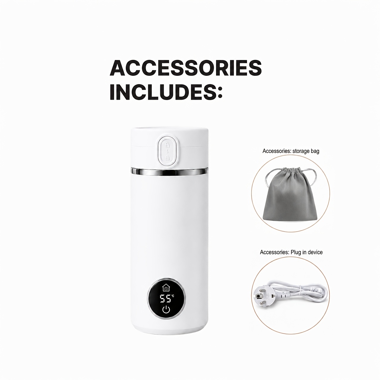 TEMU 500ml Smart Electric Heating Water Mug, Temperature Control And Led Display, Steel+power Cord+storage Bag, Double Wall Vacuum Insulated, For