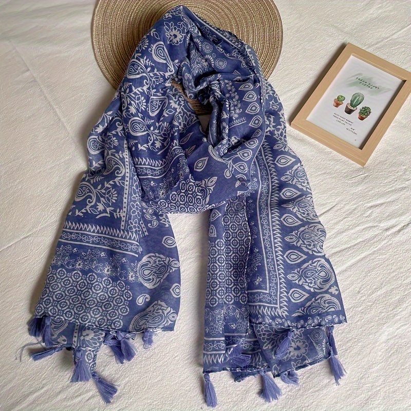 

Boho Style Shawl Scarf For Women - Polyester Breathable Decorative Scarf With Tassels, Printed Pattern, Inelastic, Multifunctional, Suitable For Going Out - Windproof Large Travel Scarf