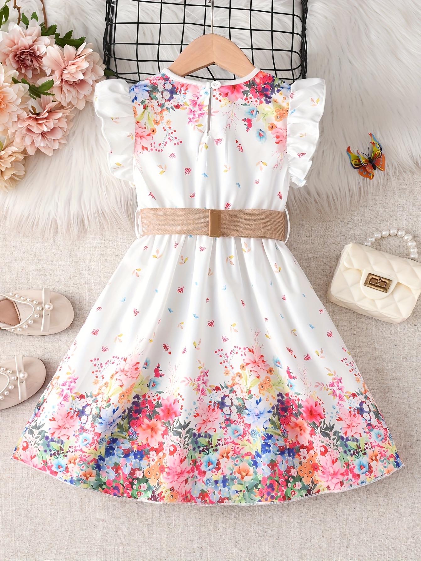 A Young Dreamy Floral Print Princess Dress, Featuring Flutter Sleeves And a Casual Design with a Belt