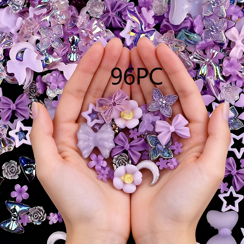 E-shop 96-tlg. niedliche lila Harz-Dekorperlen, Kawaii-Bär-, Schleifen-, Stern-, Mond-Anhänger für DIY-Nageldesign, Haarspangen & Bastelprojekte