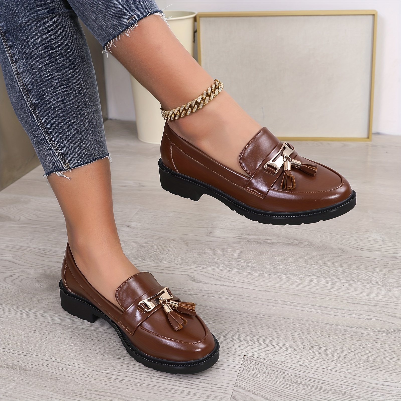 Women's Retro Loafers With Tassel Decor, Round Toe Slip On Chunky Low  Heeled Shoes, Comfy Soft Loafers