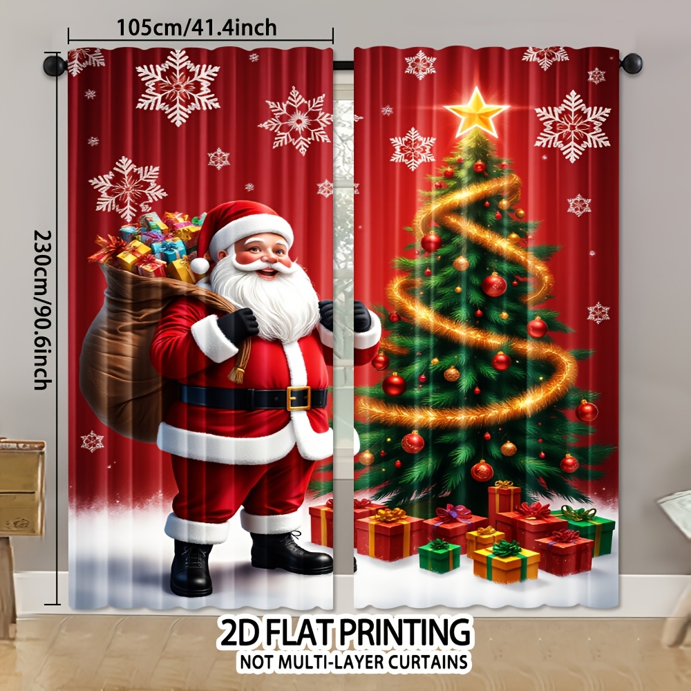 TEMU 2D Plat - 2 Pièces Rideaux de Noël Festifs 2D Plat avec Impression de Père Noël et Cadeaux de Noël - Panneaux en Polyester pour Salon, Chambre,
