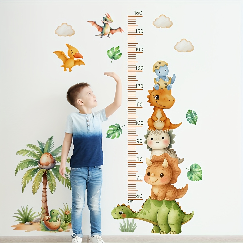 Image of Cartoon Cute Watercolor Dinosaur Stacking Height Chart Wall Sticker, Coconut Tree Dinosaur Children's Room Kindergarten Background Wall Height Measurement Sticker