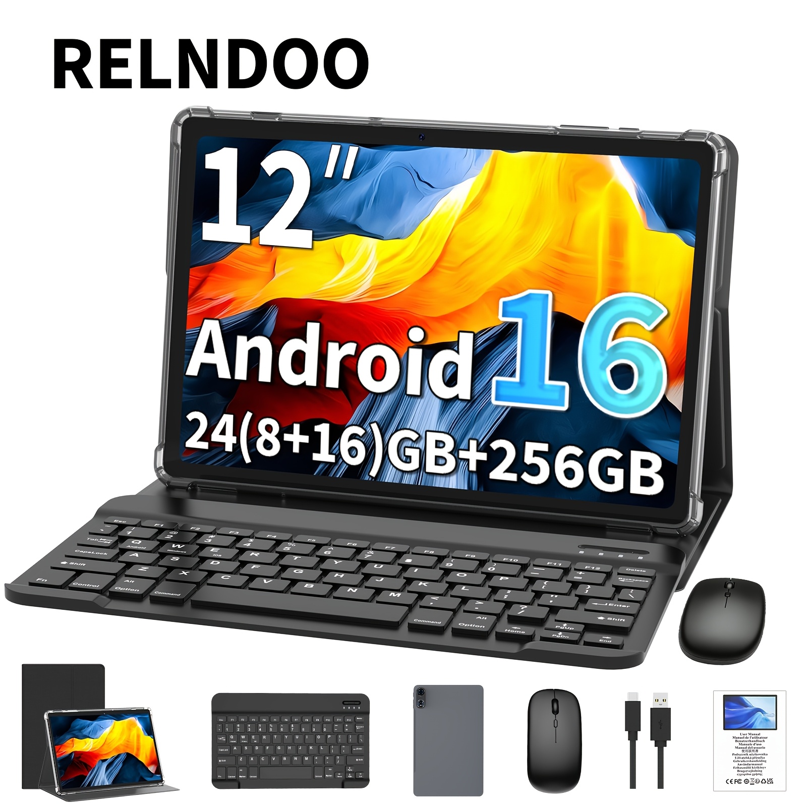 RELNDOO 12-palčni tablični računalnik 16, 24 GB (8+16) RAM, 256 GB ROM, T615 -Core, 8000 mAh, 2-v-1 tablični računalnik s tipkovnico, brezž
