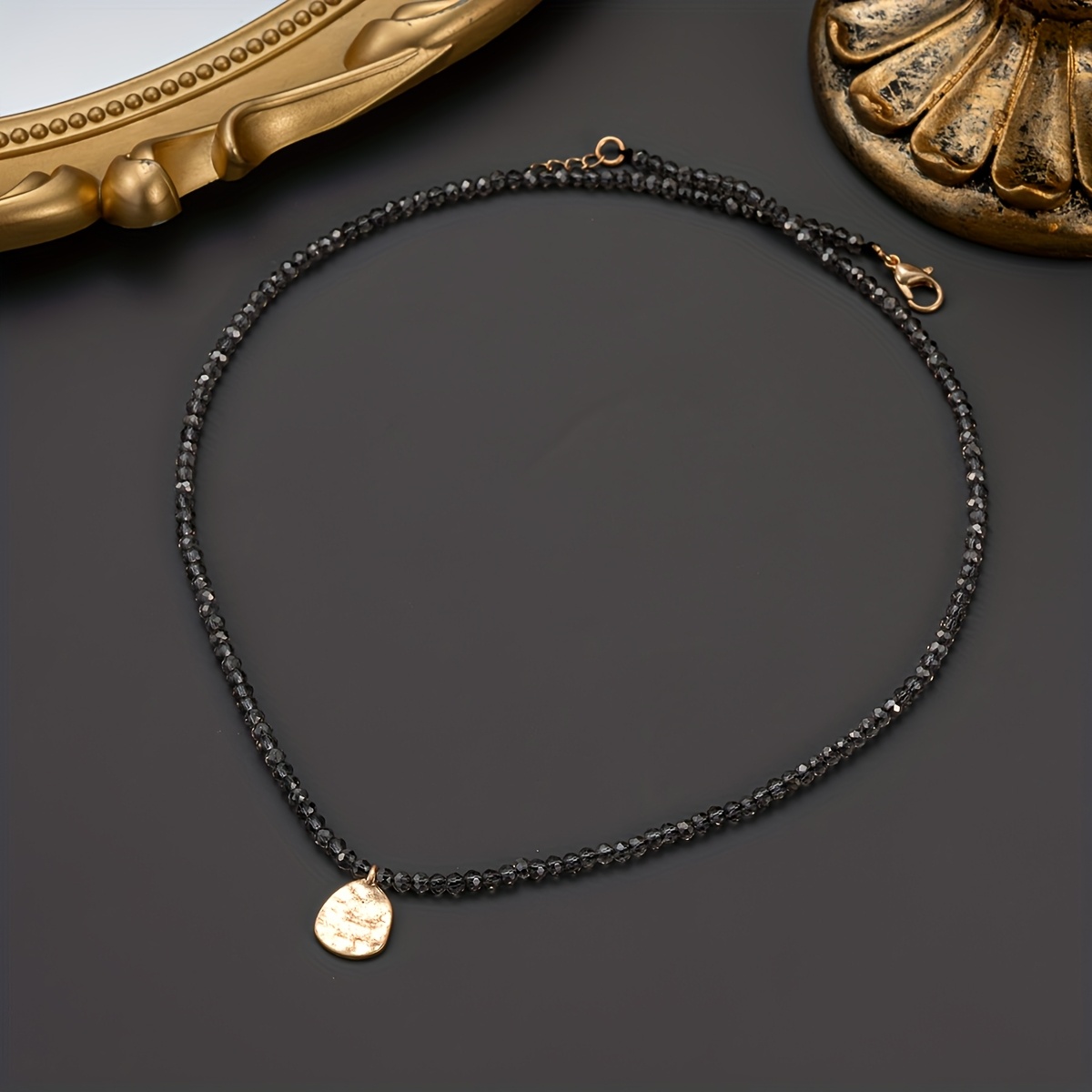 TEMU 1pc Elegant Vintage-inspired Glass Bead Necklace With Metal Accents - Shiny Transparent Gray Beads, Irregular Pattern, Perfect For Daily Wear &