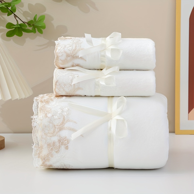 

3pcs Lace Embroidery Towel Set, Microfiber Towel, 2 Soft , 1 , Absorbent Towels For , Supplies