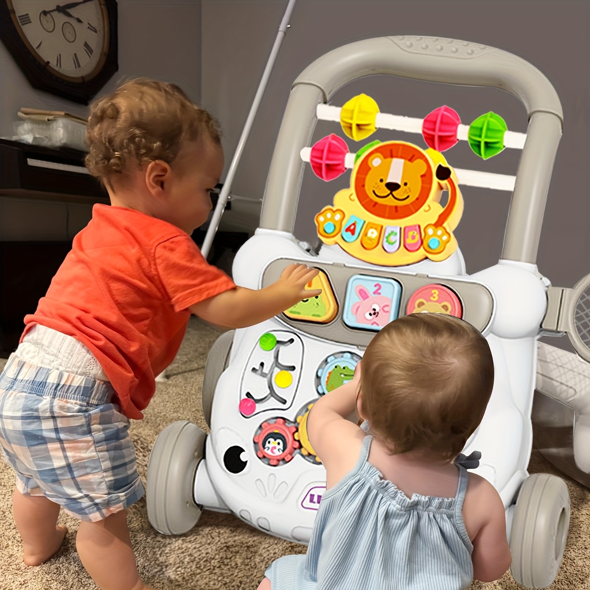 2-in-1 Toddler Walker and Sitting Toy - with Wheels, Educational Pusher, Interactive Game Panel, and Colorful Buttons, Durable ABS Material, Perfect Gift for 6-12 Month Babies, Random Colors