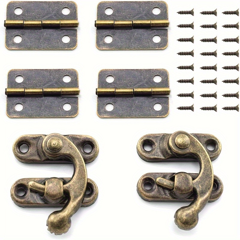 

2 Sets Antique Right Latch Hook Hasp And Vintage Bronze Hinges With Matching Screws Kits, Metal, For Decorative Cabinet Small Wooden Box Projects (2x Clasps + 4x Hinges)