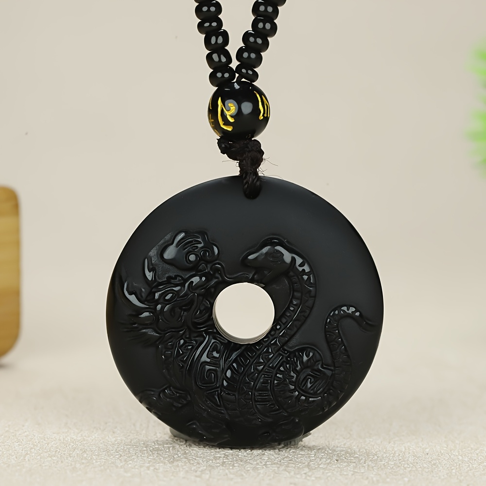 TEMU Natural Obsidian Ice-quality Obsidian Dragon Peace Knot Pendant, Unisex Pendant