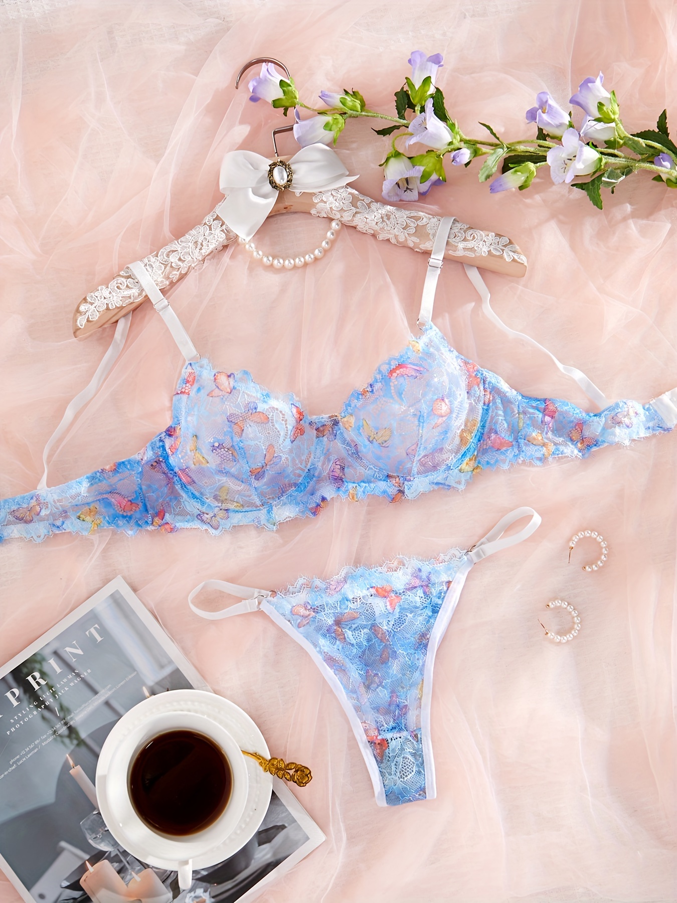 1pc Sexy Lingerie Set With Pearl Decor, Open Crotch Thongs, And Bralette
