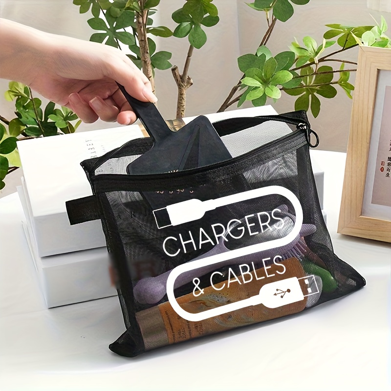Large Capacity Nylon Makeup Bag with Charger Cable Print - Portable Travel Toiletry Organizer, Ins-Style Layered Cosmetic Pouch for Daily Storage, Portable Organizer|Layered Design|Durable Zipper Closure, Travel Cosmetic Bag