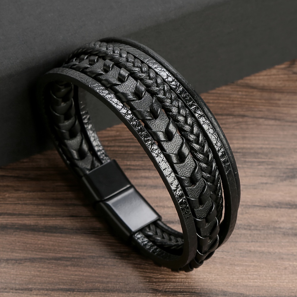 Image of 1pc Cross-border Hot-selling Jewelry Men's Woven Pu Leather Rope Bracelet Alloy Magnetic Bracelet
