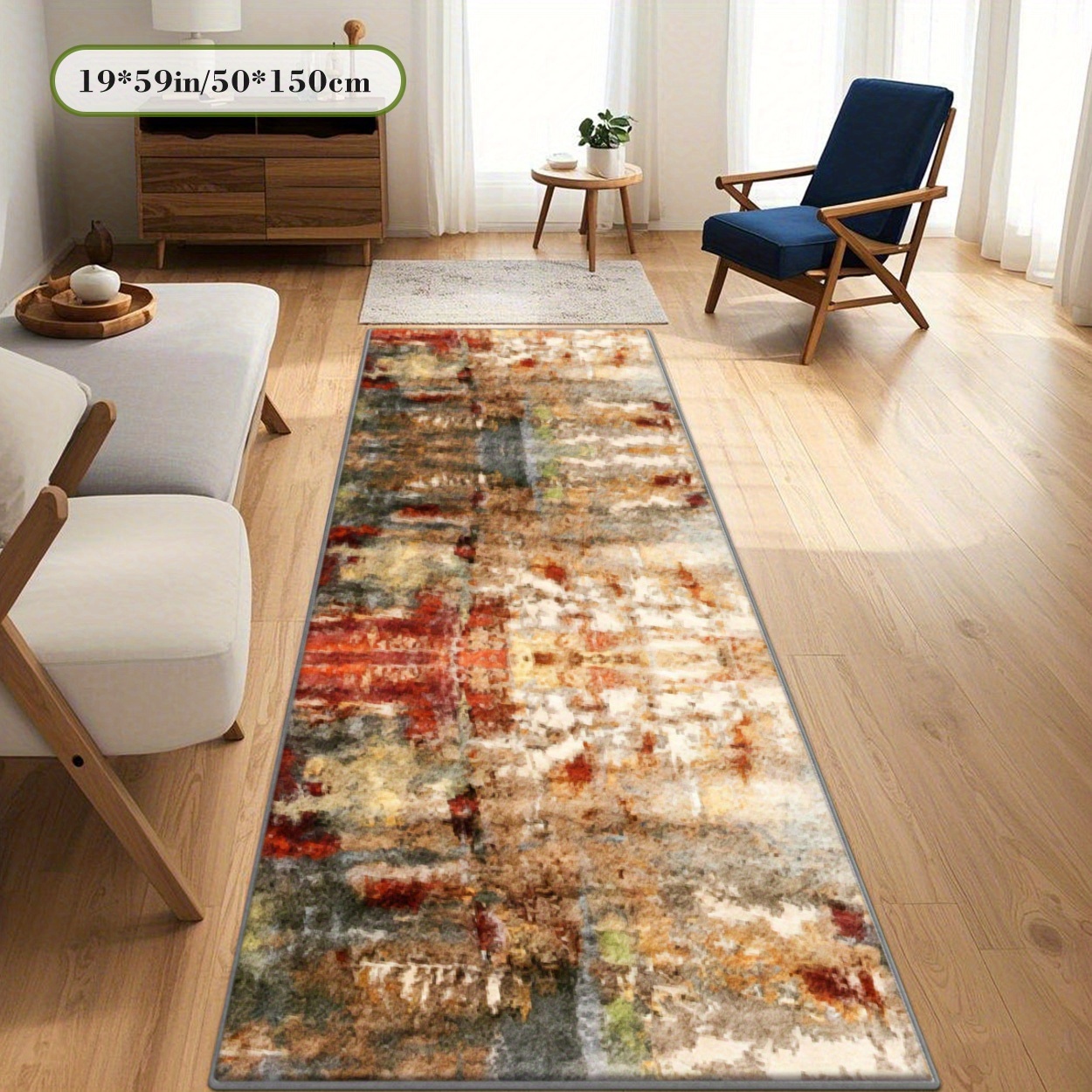 TEMU A Long Rectangular Carpet Made Of Soft Plush With A Dotted Plastic Bottom, Featuring Abstract Patterns. This 2d Printed Rug Serves As A Decor