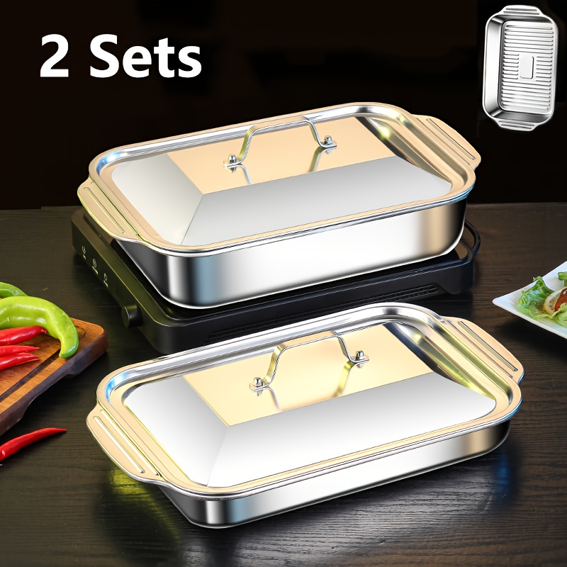 

2pcs Stainless Steel Roasting Pans With , Rust & Resistant, Non-slip Rectangular Baking Dishes, & Easy To Clean, With Handles, For Oven & Kitchen Use, Holiday Themed