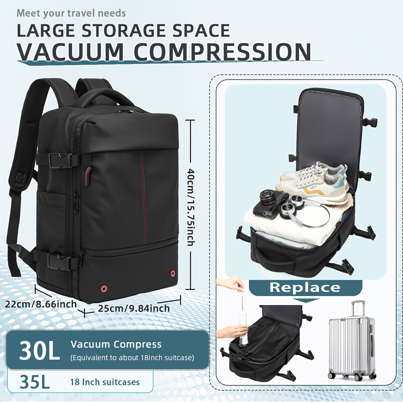 Sac de voyage sous vide, sac de compression pour le rangement, sac à dos avec compression intégrée pour valise et bagages