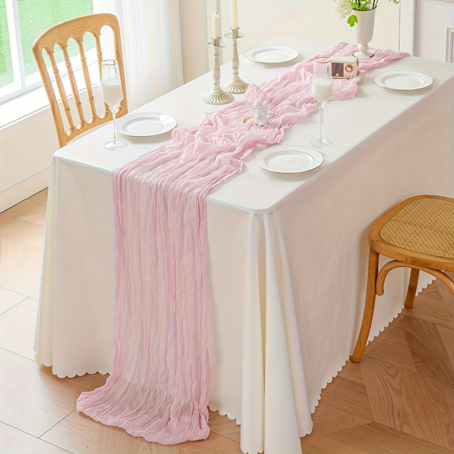 1 Pack Pink Table Runner Boho Cheesecloth Table Runner Semi Sheer Gauze Fabric Table Runner For Wedding Birthday Baby Shower Party Boho Table Decoration