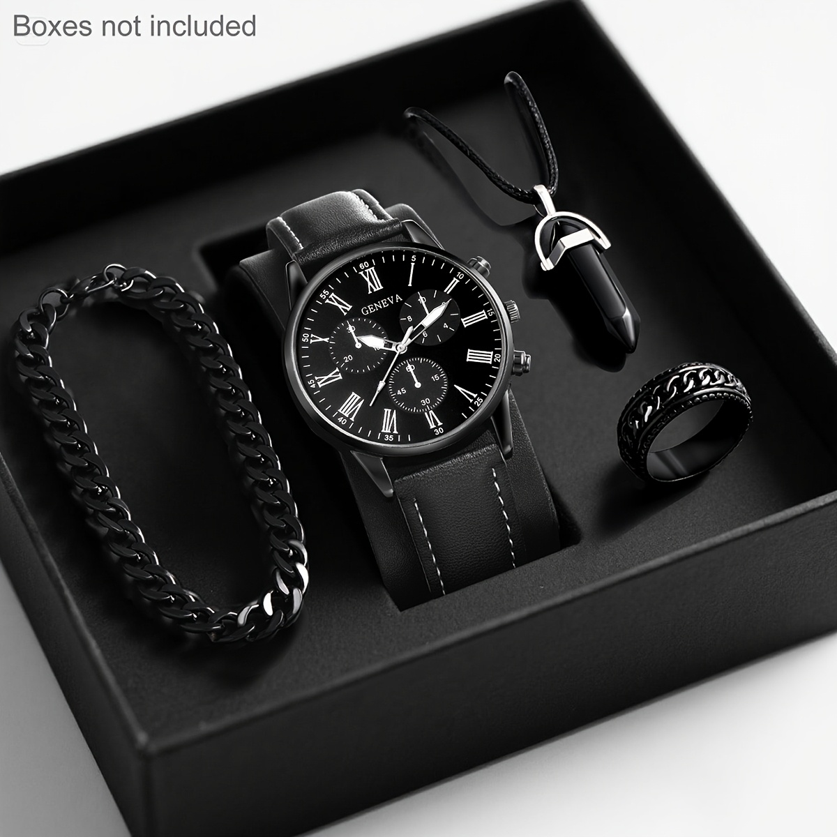 4-Piece Men's And Women's Quartz Watch Set, Pu Strap, Round Dial, Electronic Drive And Hand Display, Including Pendant Necklace, Bracelet And Ring Suitable for Daily Wear, Back-to- Season, Graduation Season, Thanksgiving, The Best Gifts No Box