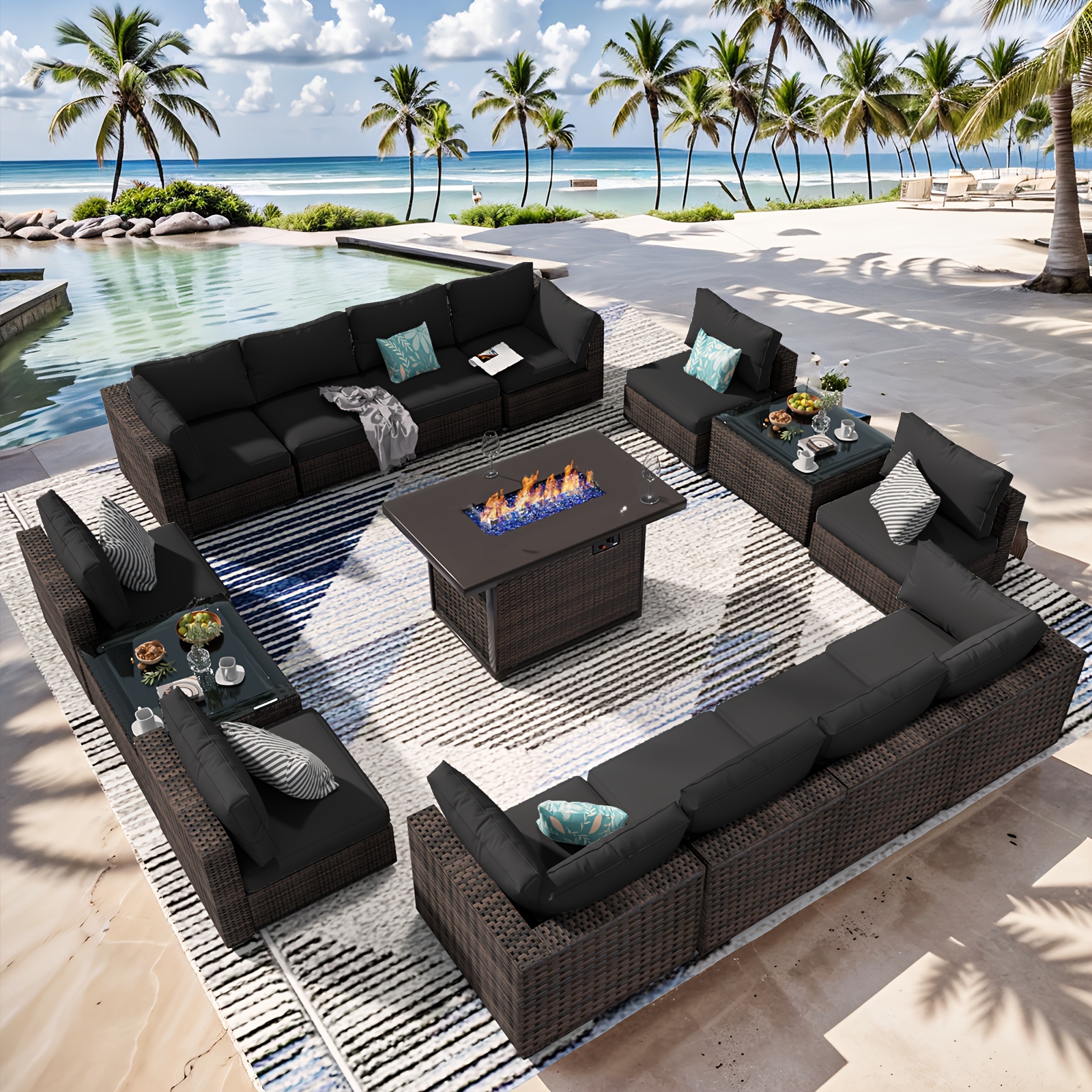 

15 Piece Patio Furniture Set With Fire Pit Table, Rattan Outdoor Patio Furniture Sets With Glass Coffee Table And Seat Cushions For Backyard (black, 15 Pieces Set W/fire Pit Table)