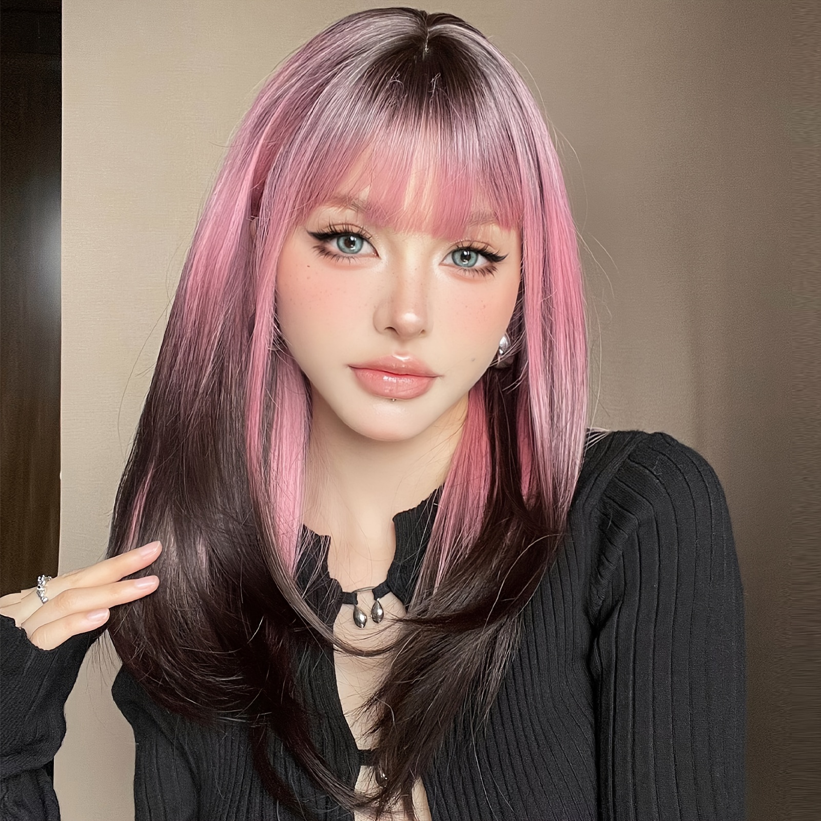 

Chic 22" Pink Ombre To Black Long Straight Wig With Bangs For Women - Heat Resistant Synthetic Hair, Perfect For Daily Wear, Parties & Cosplay