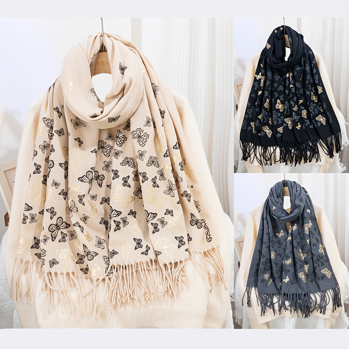 

Print Scarf For Women - Cozy Cashmere, 100% Polyester, Warm & Stretchy, Hand-washable | In , Black & White, Golden Accents