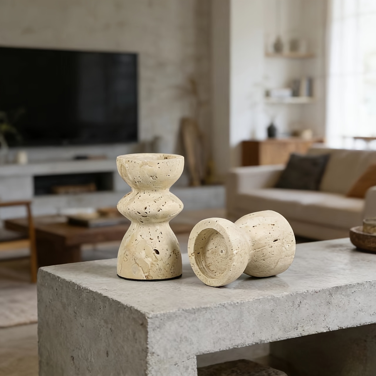 2pcs Elegant Minimalist Natural Marble Hand-Carved Beige Candlestick, Suitable for Living Room, Dining Room Home Centerpiece Decoration, Wedding Party And Other Occasions