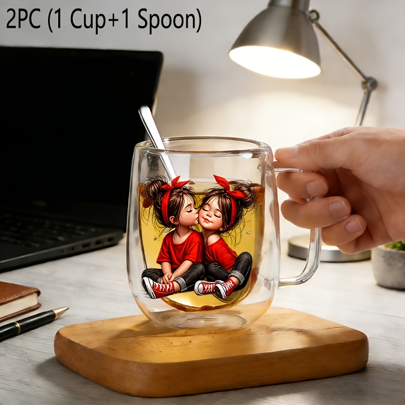 TEMU 2 piezas (1 taza de vidrio y 1 cuchara), vaso de agua reutilizable de borosilicato con pared aislada con asa, taza de café transparente de gran