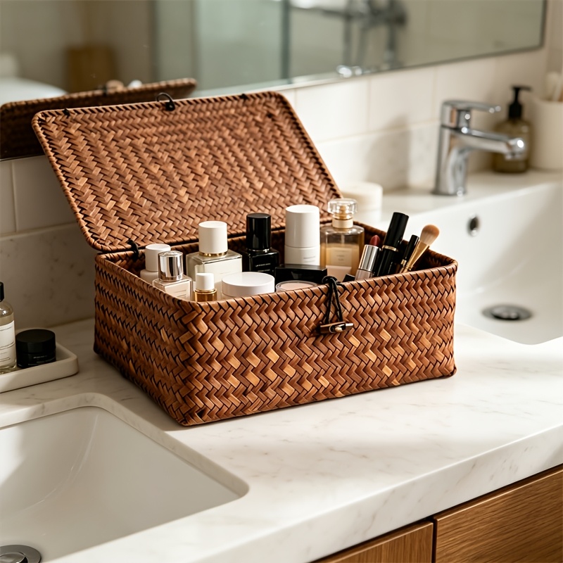 Hand-Woven Storage Basket with Lid & Wooden Clasps - Rustic Suitable for,, Crafts, Decor - Lightweight Portable Basket Suitable for Small Items, Gift for And, Shelf Baskets