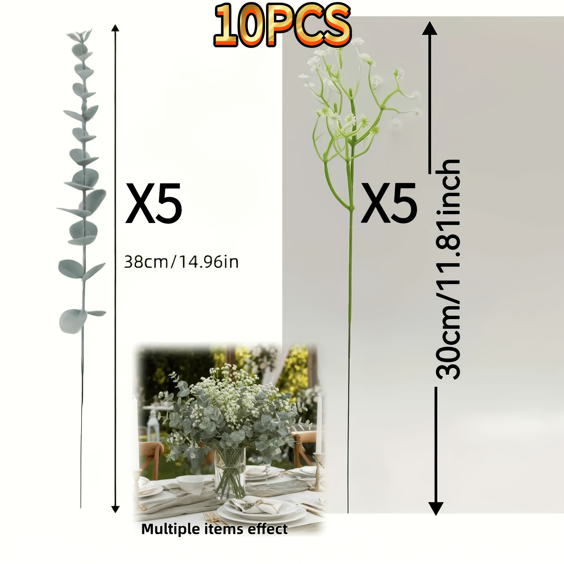 TEMU 10pcs Artificial Flower Arrangement Set, Vase Filler, Silvery-green Eucalyptus Branches And Baby's Breath Artificial Flower Stems, Realistic