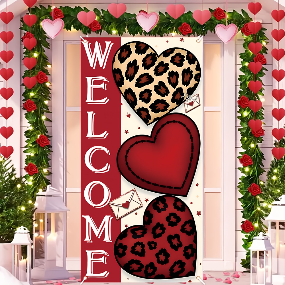 

1pc Valentine's Day Welcome Door Banner - 35.4" X 72.8" Polyester Love And Leopard Print , Multipurpose Decoration For , No Power Needed