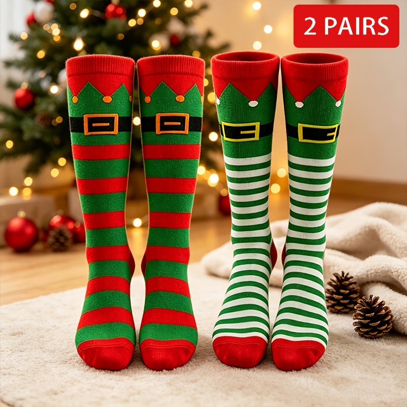 TEMU 2-pair Ncdate Christmas Elf Costume Socks With Hat & Belt - Striped Calf-length Suitable For , Soft Stretchy For , Unisex Cosplay Party Outfits,