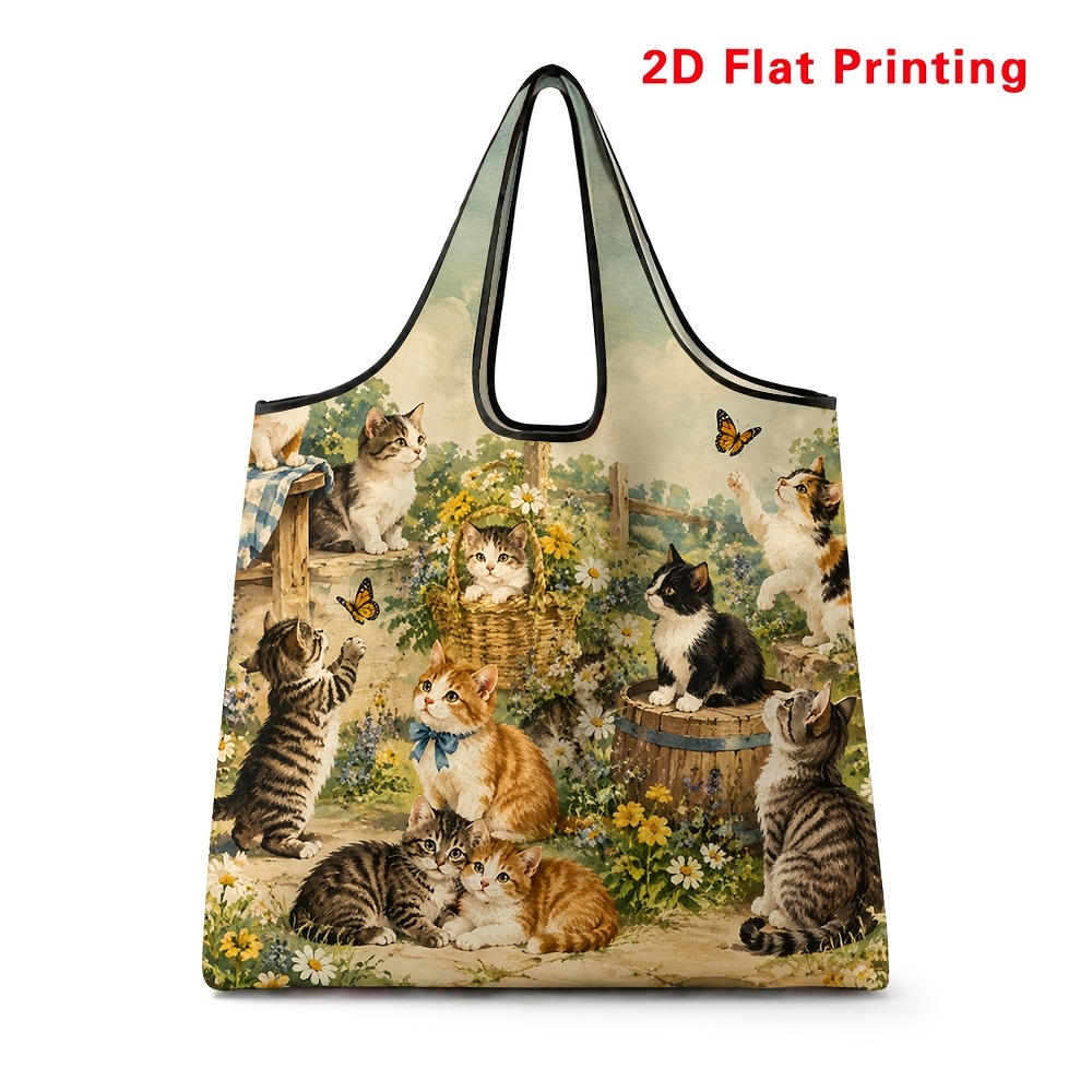 TEMU Foldable Shopping Bag With Pastoral Cat And Print, Hand-carry Large Capacity Portable, Suitable For Daily Use, Travel, Beach, Fitness