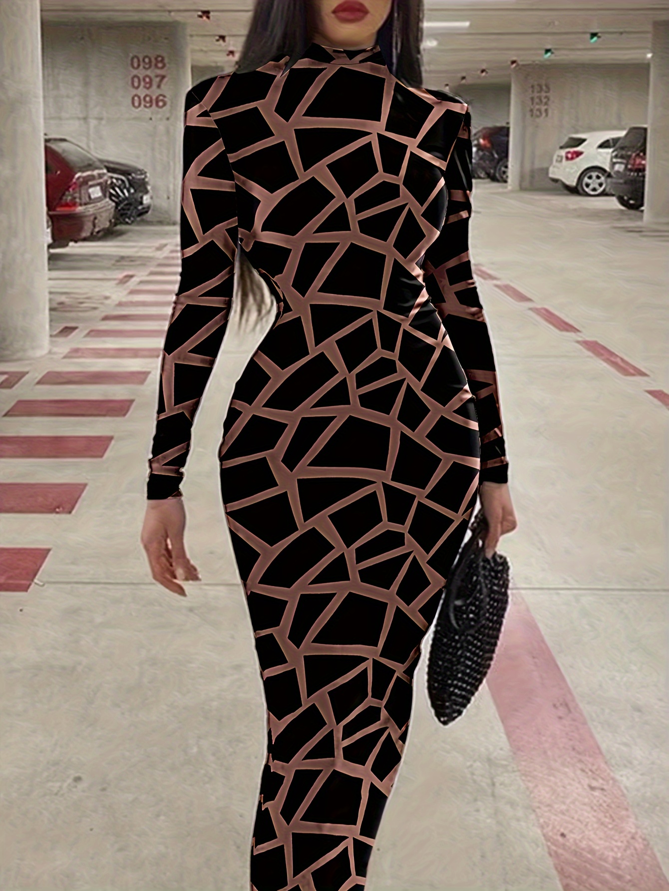 Women's Polyester And Elastane Jersey Dress With High Neckline, Sensual  Print, Machine Washable, Spring/Autumn Fashion
