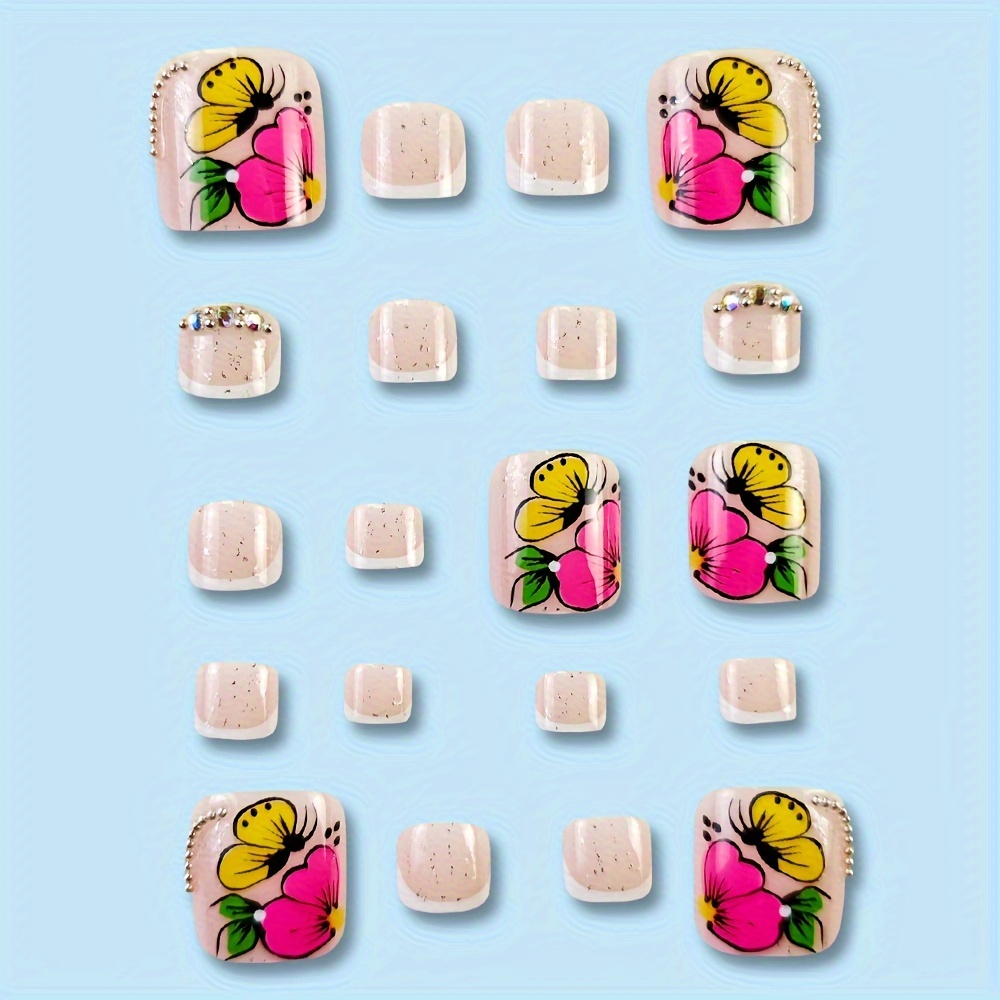 Chic French Tip Press Toenails Butterfly Floral Designs - Temu