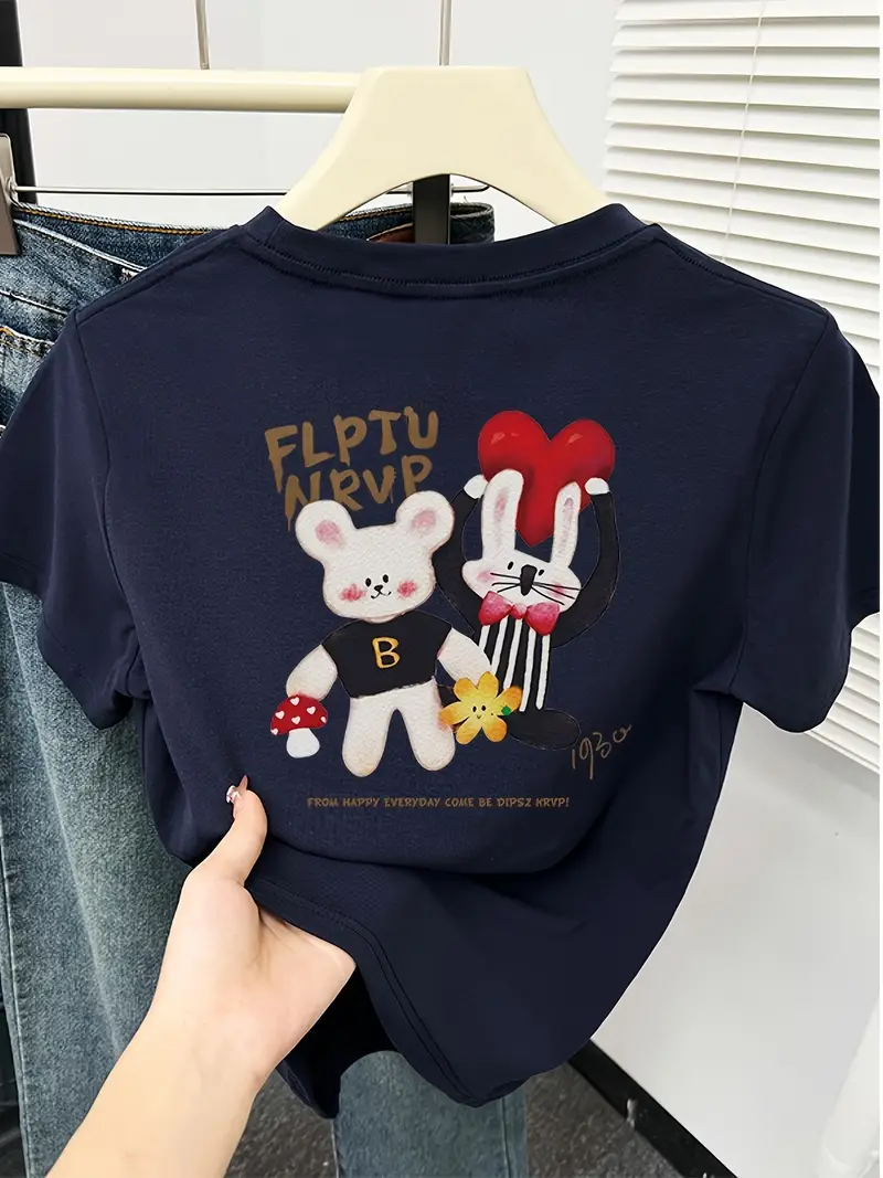 womens cartoon print t shirt short sleeve crew neck casual summer top with bunny lightweight breathable for casual attire everyday tshirt graphic tee Product details 0