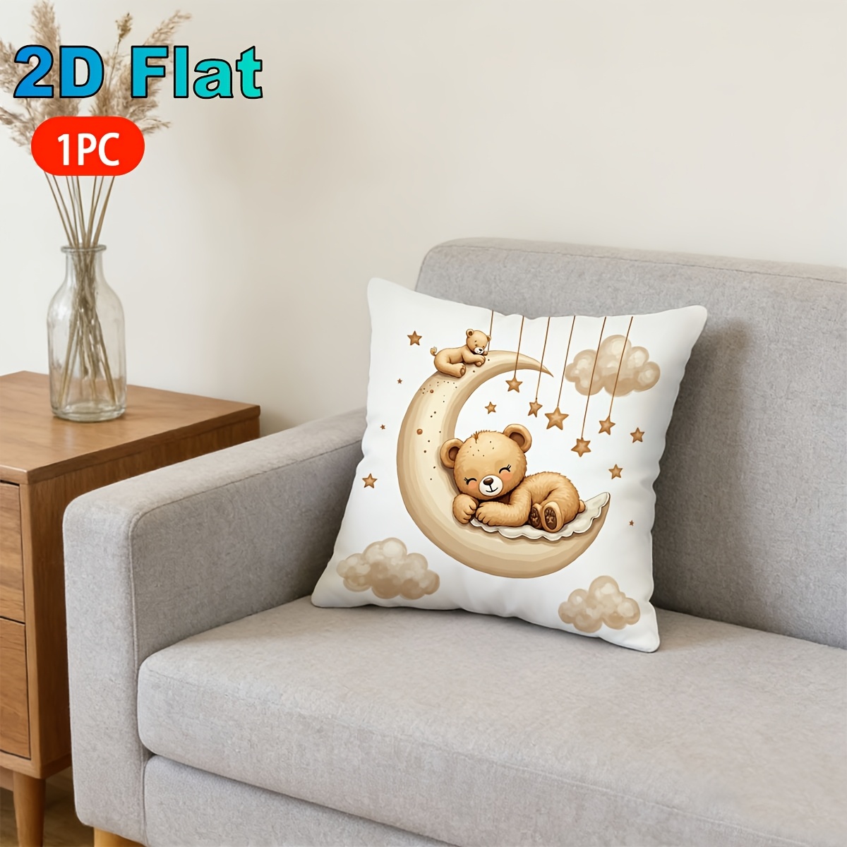 TEMU 1pc Retro Celestial Bear Throw Pillow Cover - Bear On Bedspread Suitable For Sofa, Couch, Room Decor, Double-sided Textile Cover With Zipper