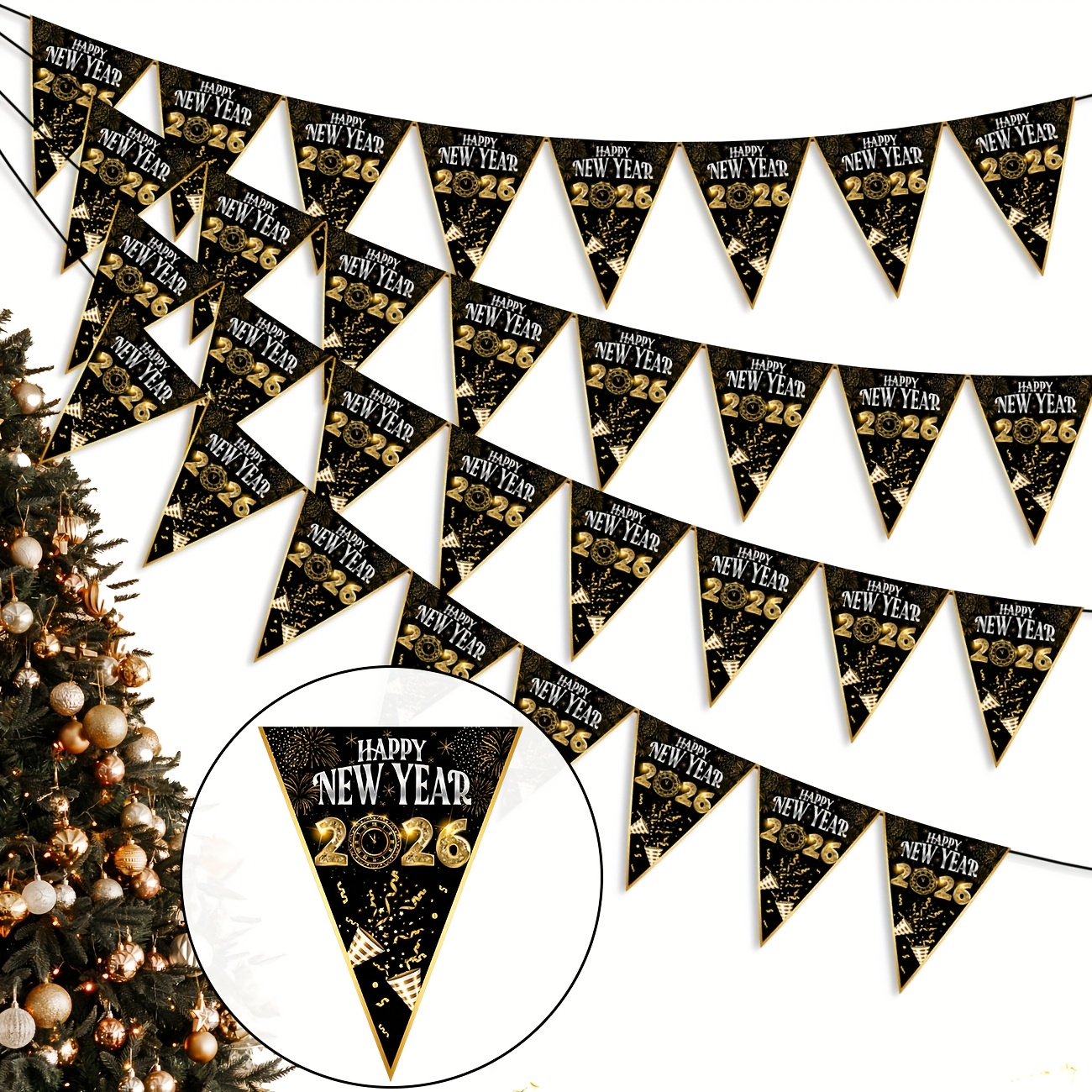 2026 Silvesterdeko: Goldene und schwarze Wimpelbänder für Silvesterparty-Zubehör