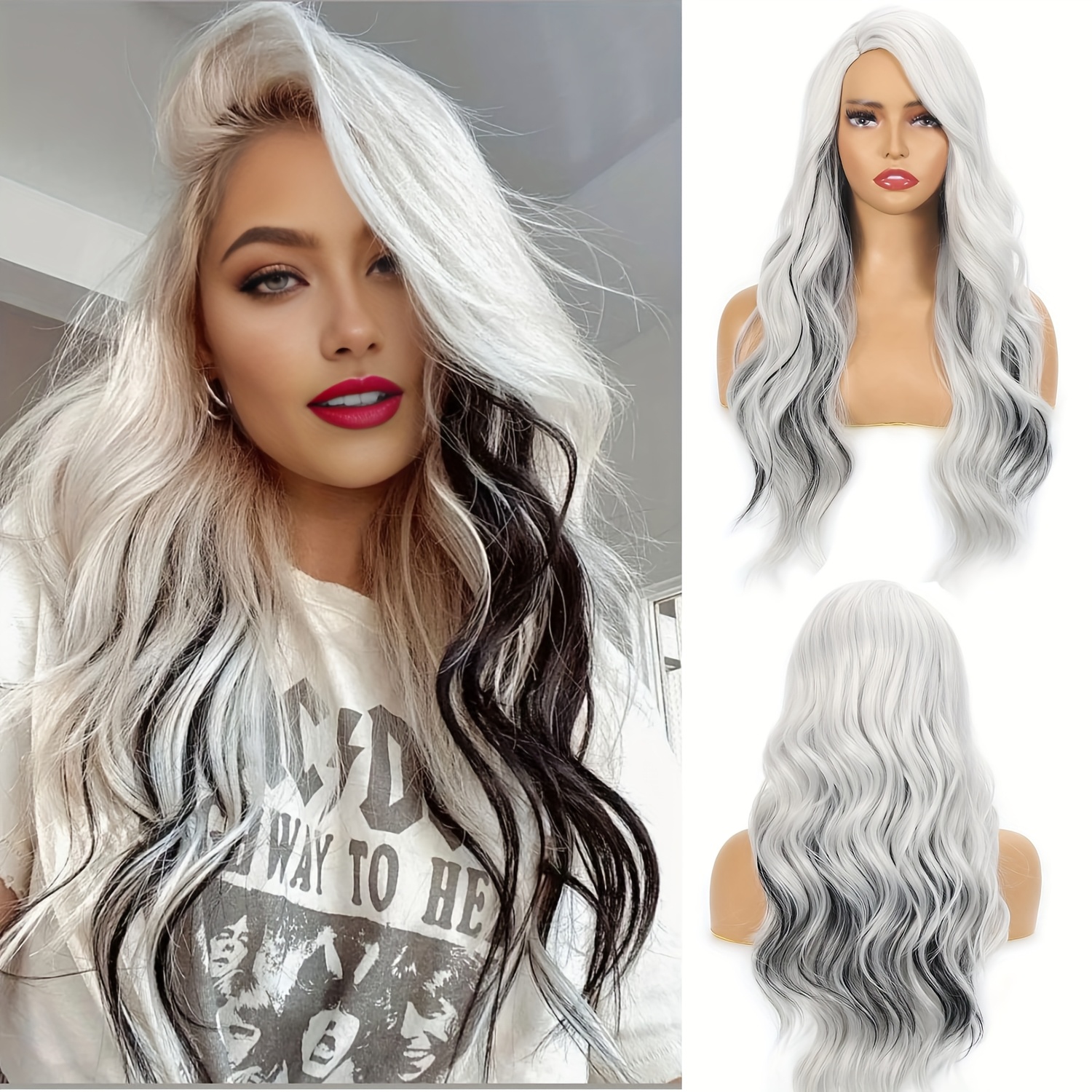 TEMU 28inch Long White Grey Wig For Women Streak Colorful Wavy Wig Side Part Wave Highlight Wavy Wigs Natural Synthetic Hair Wig For Daily Party Use