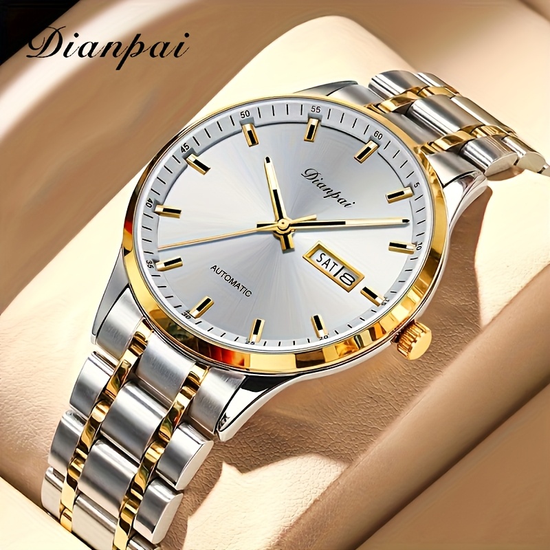 TEMU Dianpai Men's Business Fully Automatic Mechanical Watch, Simple And Thin Luxury Stainless Calendar Day Display Pointer Luminous Men's Gift Wristwatch