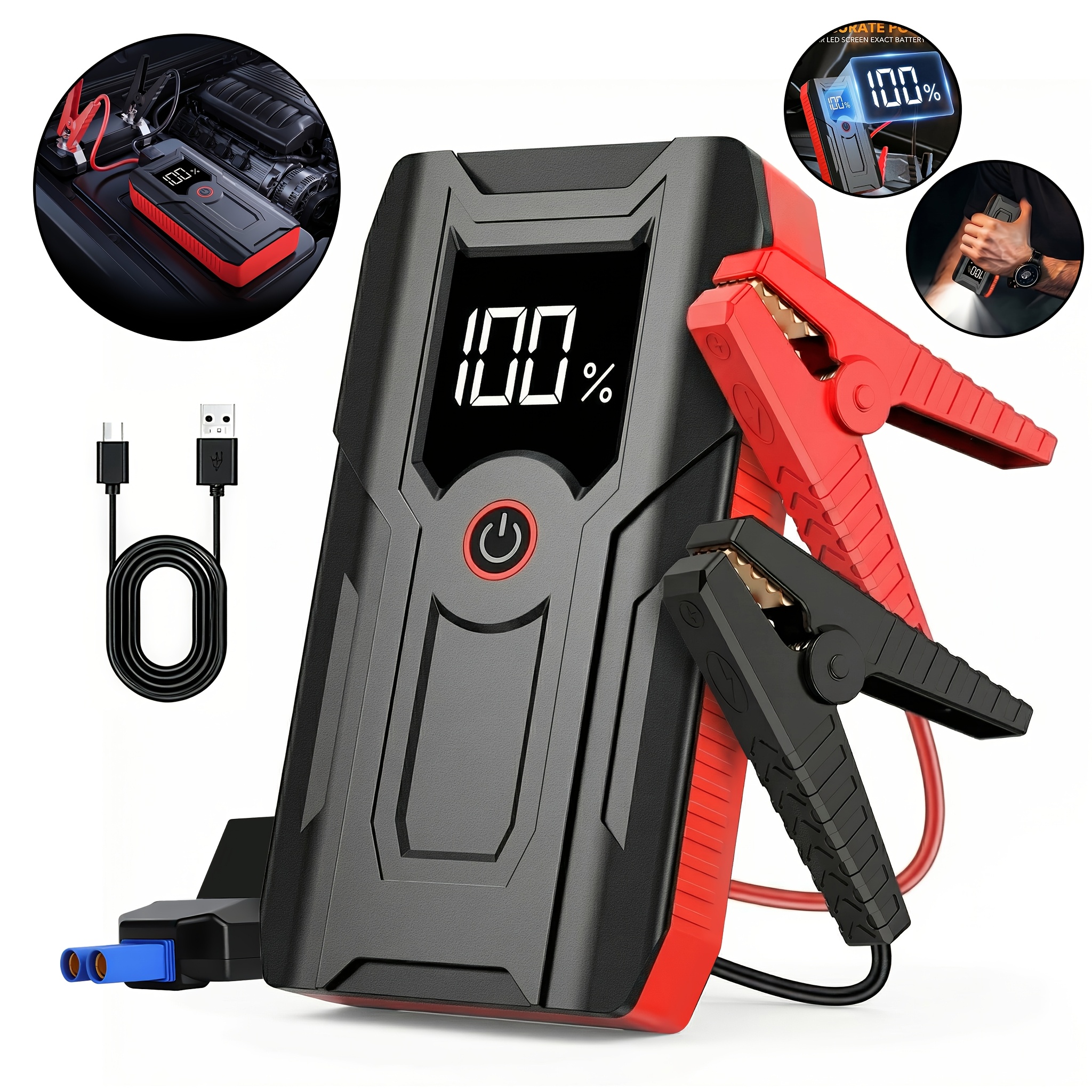 Car Battery Jump Starter, 12v Pack, Portable Charger, Battery Booster, Jump Box And Smart Jumper Cable For 8.0l Gasoline And 5.0l Engines, Lcd Display And Led Light