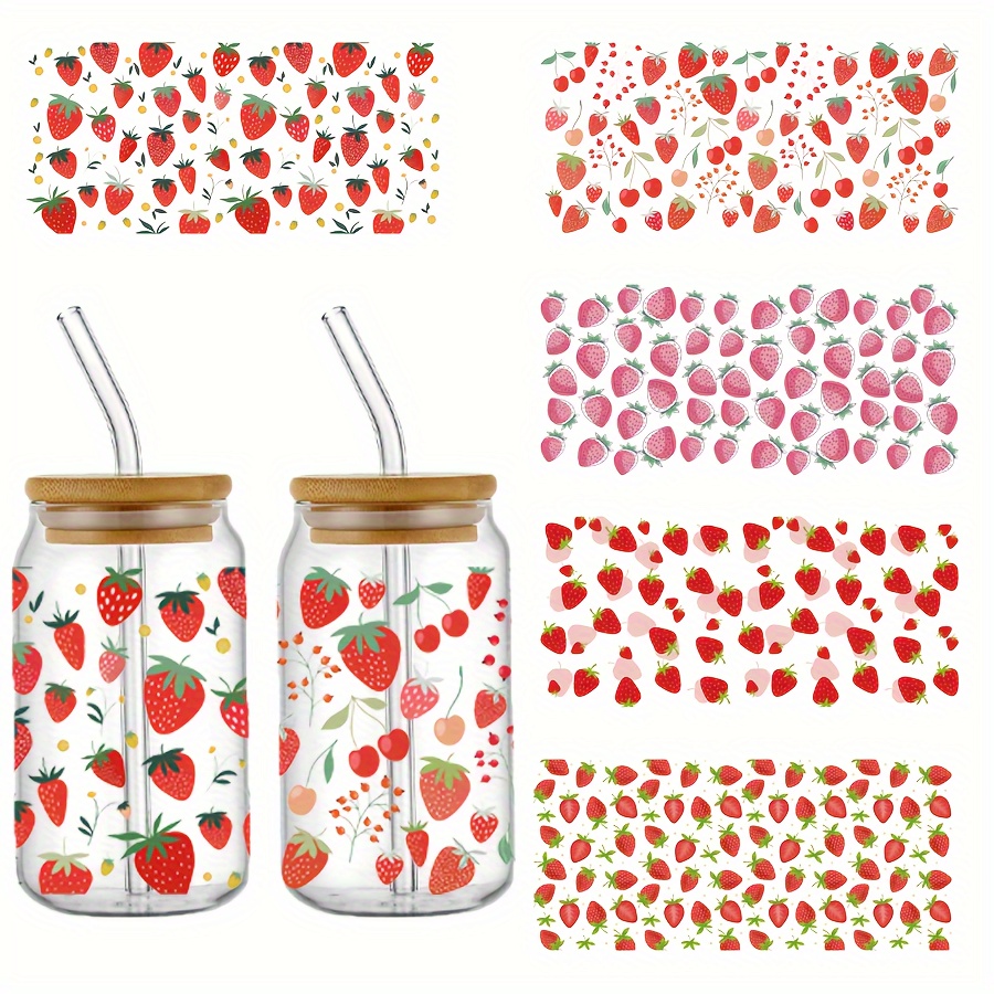 

Strawberry Iron-on Transfer Decals - 5 Sheets High-definition Pixel Uvdtf Art Patches For 16oz , 11oz Mugs, Walls, Windows, Laptops - White, Polyvinyl Chloride Material, Diy Decor