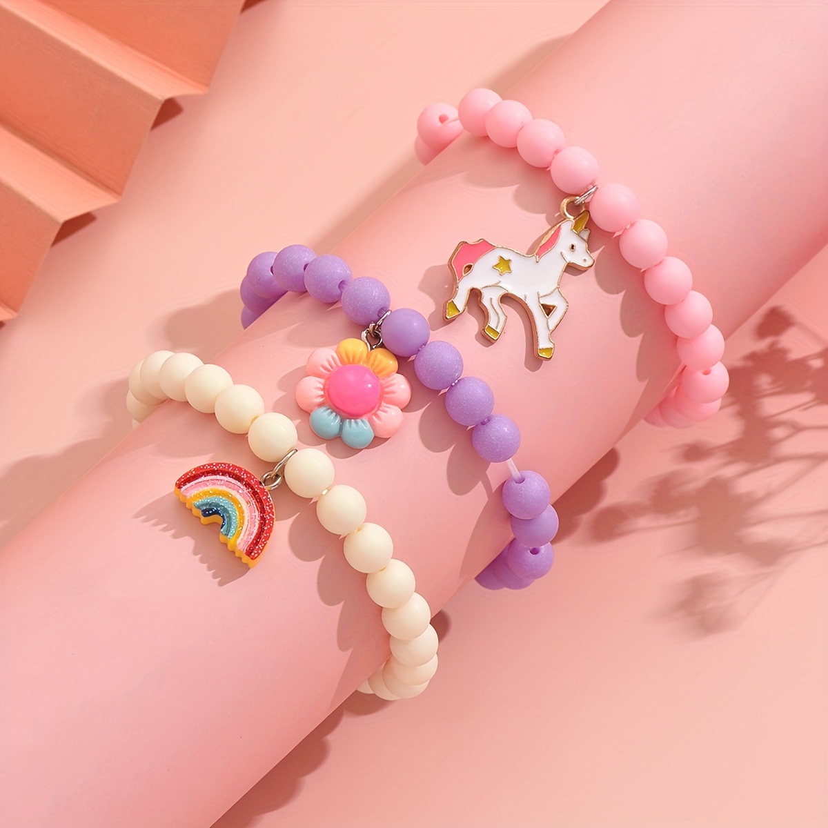 

3pcs Ensemble de bracelets colorés pour filles avec , charmes - Bijoux mignons pour enfants, et résine - Pas de , multi-couleur, âges 3-14