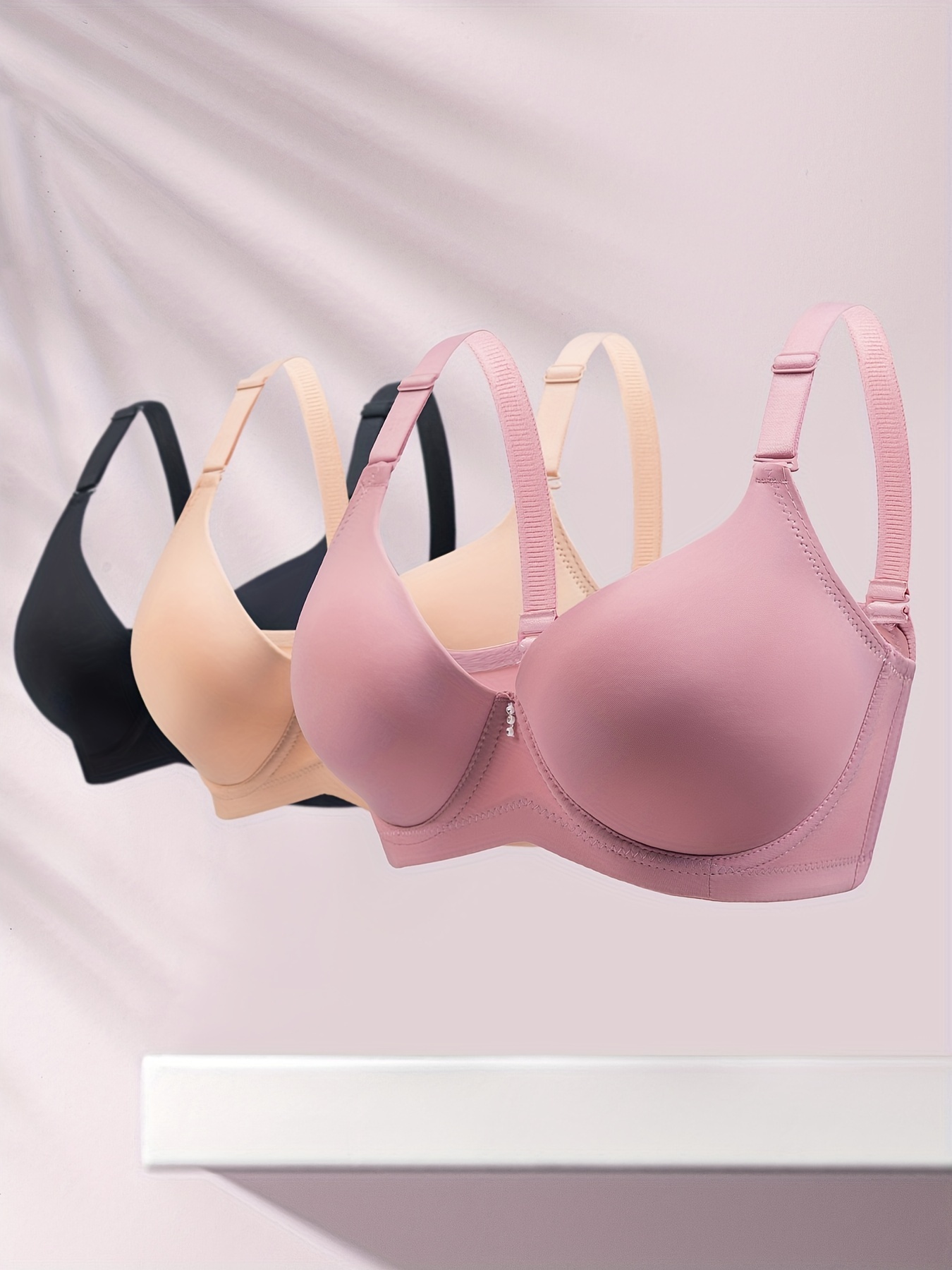 2 Pack Plus Size Simple Bras Set, Women's Plus Solid Molded Cup Multiway  Full Cover Bras With Removable Translucent Straps 2pcs Set