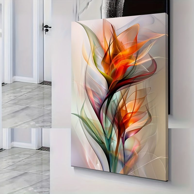TEMU Peinture sur toile 2D plate, grande, abstraite, florale et moderne - Effet texturé orange, rouge, vert, doré, blanc, marron, beige, art mural