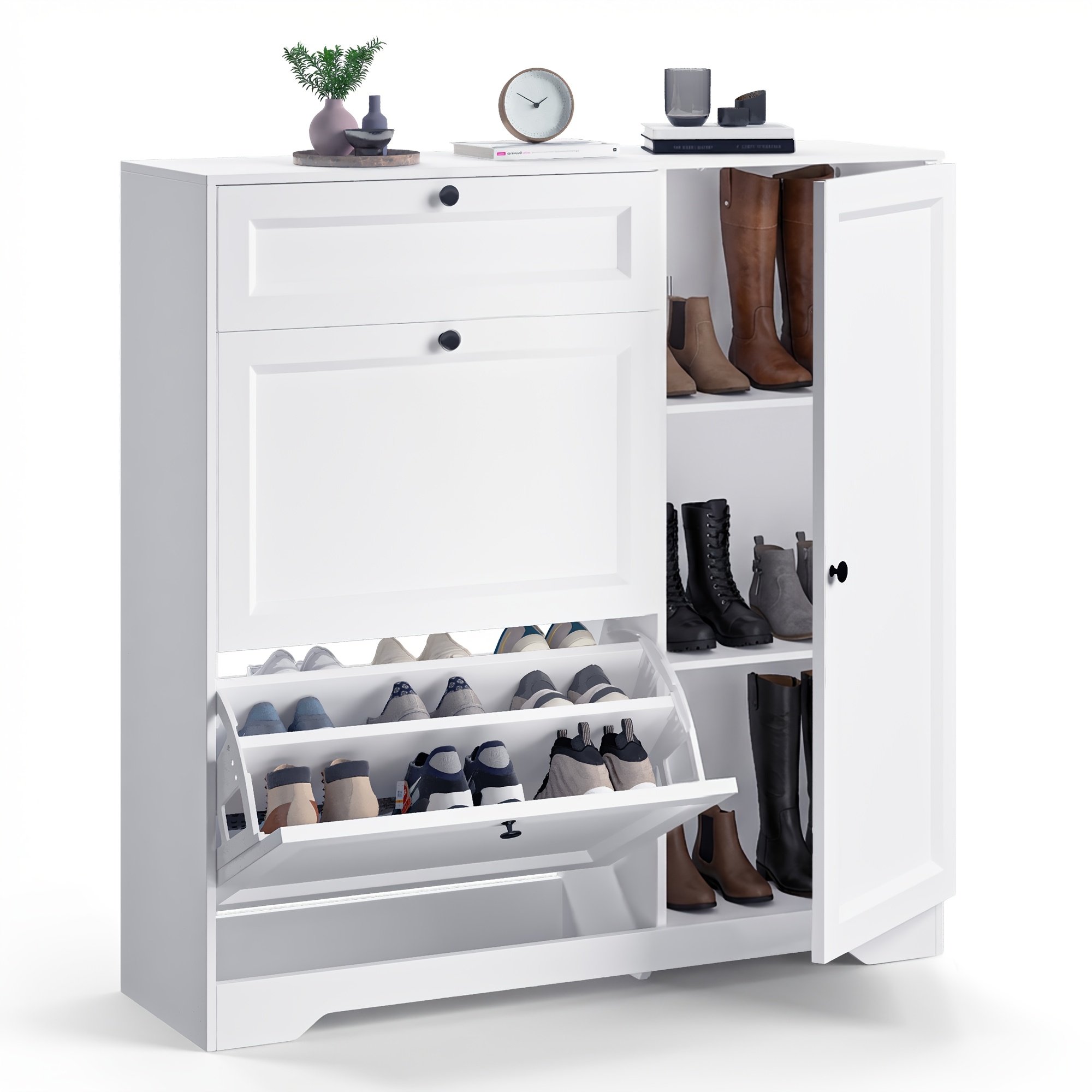Image of Shoe Cabinet With 2 Flaps And Door, Narrow Shoe Rack With Drawer, For 18 Pairs Of Shoes, With Adjustable Dividers, For Hallway And Entryway, 100 X 30 X 102 Cm
