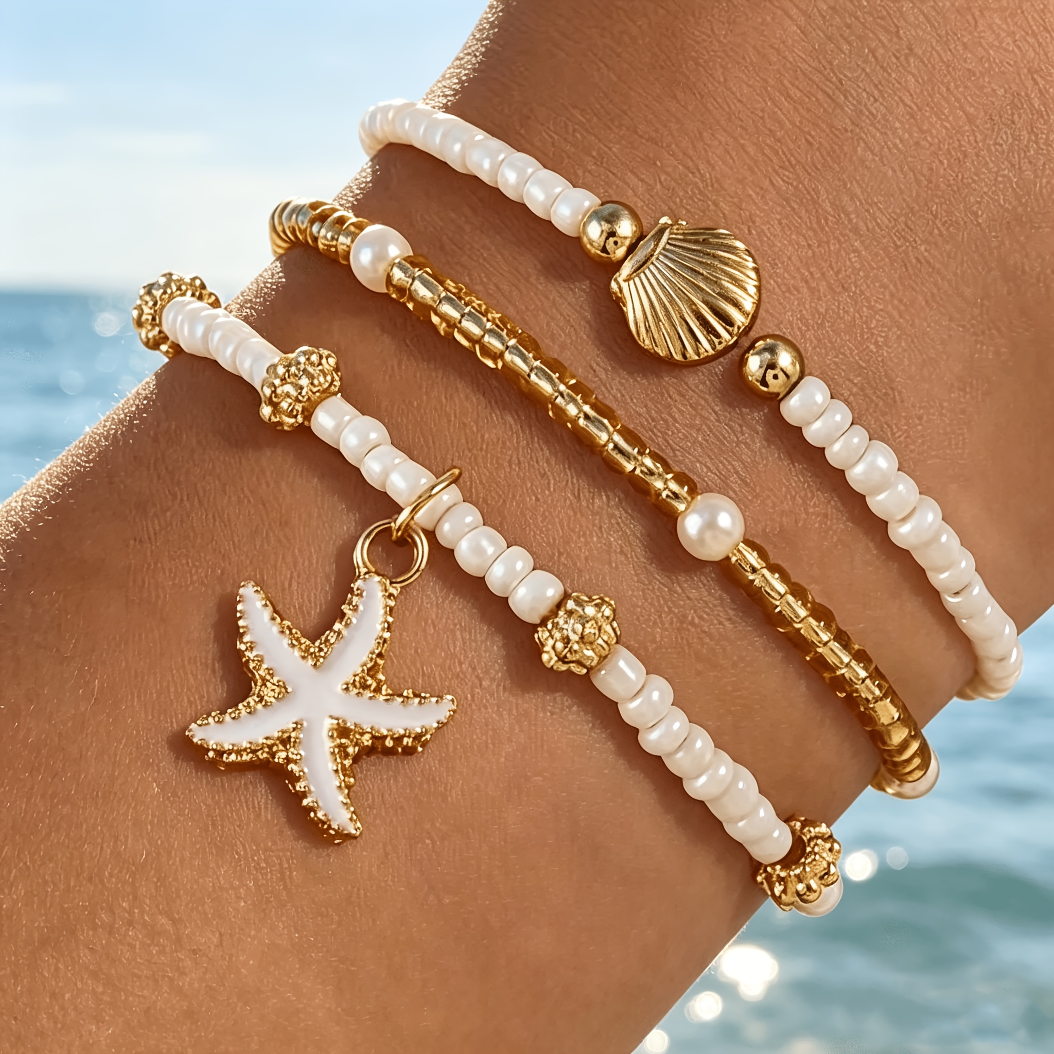 TEMU Conjunto de 3 piezas con colgante de perlas artificiales, concha de mar, , pulsera, estilo oceánico, combinación para en