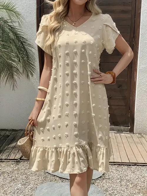 Cream Polka Dot Jacquard Ruffle V-Neck Dress Cream Polka Dot Jacquard Ruffle V-Neck Dress