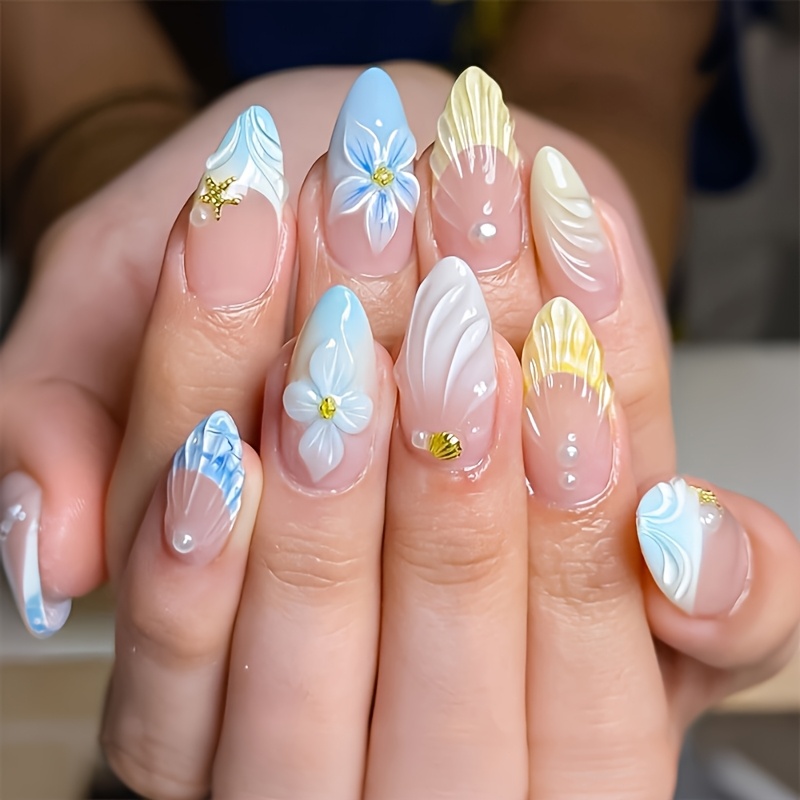 TEMU 10pcs Medium Almond 3d Press On Nails, Blue Gradient Pearl Rhinestone Glossy Fake Nails, Elegant Luxury Nail Tips Press On Nails Full Cover Fake